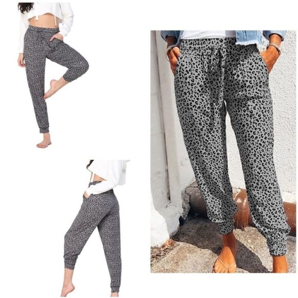 NWT Gray & Black Leopard Print Relaxed Fit Drawstring Waist Jogger Casual Pants - Picture 6 of 10